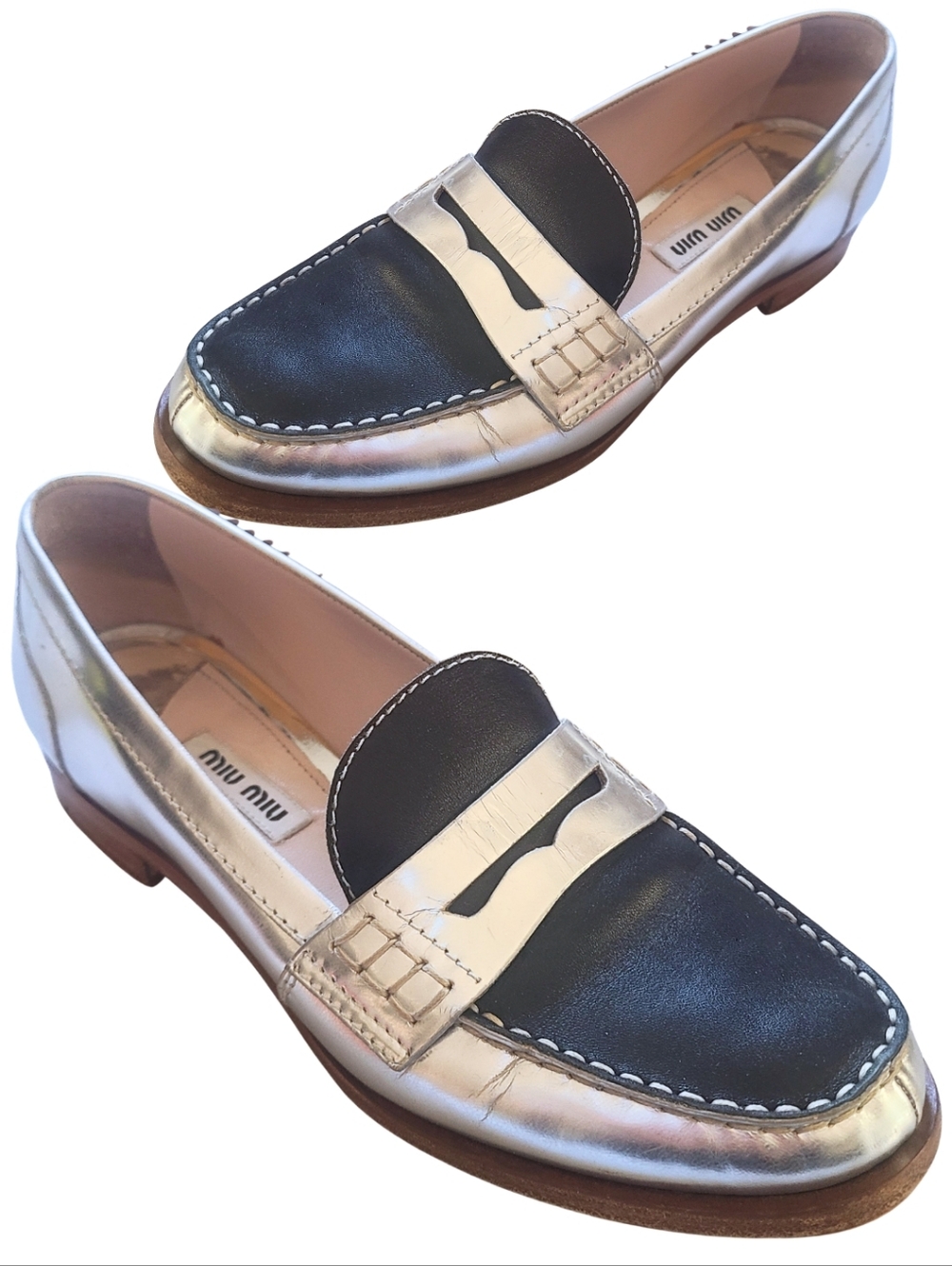 MIU MIU Metallic Silver & Black Loafer 1/2" Platform Leather Stacked Heel 36
